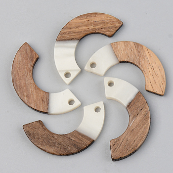 Opaque Resin & Walnut Wood Pendants, Arc, Floral White, 28x14x3mm, Hole: 2mm