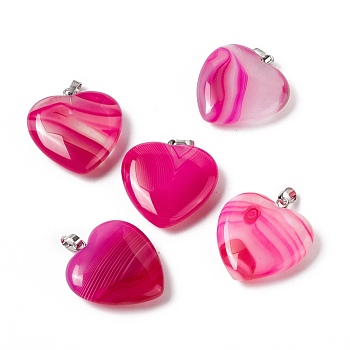 Natural Agate Pendants, with Platinum Tone Brass Findings, Heart Charm, Dyed & Heated, Deep Pink, 27~28x25x7mm, Hole: 7x4mm