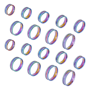 18Pcs 9 Size 201 Stainless Steel Grooved Finger Rings Set for Men Women, Rainbow Color, Inner Diameter: 16~22.2mm, Wide: 6mm, 2Pcs/size