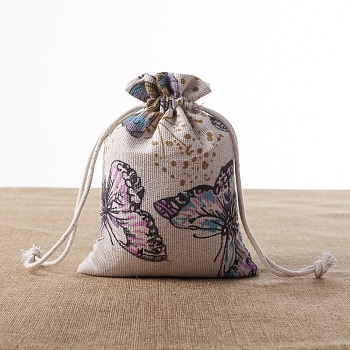 Rectangle Burlap Printed Packing Pouches, Drawstring Bags, for Presents, Party Favor Gift Bags, Butterfly, 10x8cm