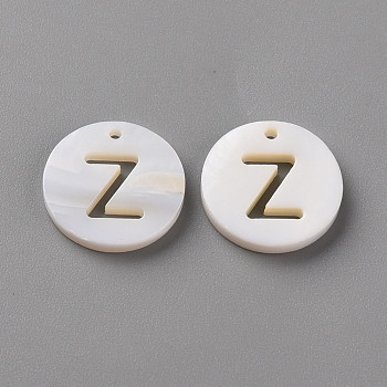 Natural Freshwater Shell Pendants, Flat Round with Letter, Letter.Z, 12x1.5mm, Hole: 1mm