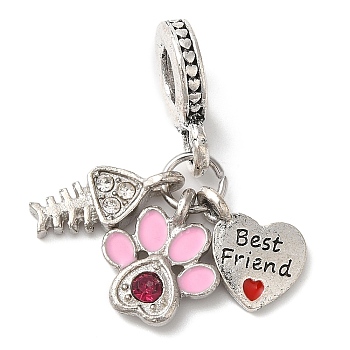 Rack Plating Alloy Crystal Rhinestone European Dangle Charms, Large Hole Heart & Fish Bone & Paw Print Pendants with Enamel, Cadmium Free & Nickel Free & Lead Free, Platinum, Pearl Pink, 29mm, Hole: 5mm