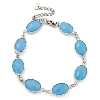 Oval Faceted Glass Link Chain Bracelets, Brass Jewelry for Women, Deep Sky Blue, Platinum, 7-1/8 inch(18.2cm)
