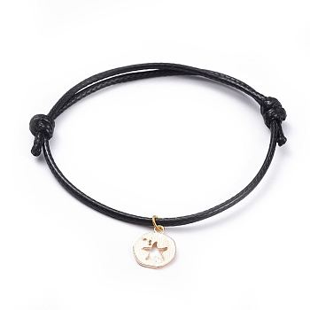 Cord Bracelets, with Eco-Friendly Korean Waxed Polyester Cord and Brass Charms, Flat Round with Starfish/Sea Stars, Real 18K Gold Plated, 10-1/4 inch~10-1/2 inch(26~26.8cm), 1.8mm
