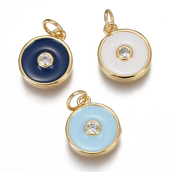 Brass Micro Pave Clear Cubic Zirconia Charms, Long-Lasting Plated, with Enamel & Jump Rings, Flat Round, Real 18K Gold Plated, Mixed Color, 13.2x11x2.7mm, Hole: 3mm, Jump Ring: 5x0.8mm