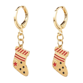 Brass Huggie Hoop Earrings for Christmas, with 316 Surgical Stainless Steel Enamel Charms, Christmas Sock, Real 14K Gold Plated, Colorful, 32mm Pin: 1mm