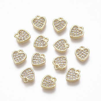 Brass Micro Pave Clear Cubic Zirconia Charms, Nickel Free,  Heart, Real 18K Gold Plated, 7.5x7x1.5mm, Hole: 0.9mm