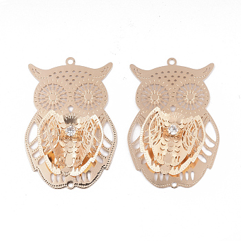 Brass Links connectors, with Crystal Rhinestone, Owl, Light Gold, 53.5x35x7mm, Hole: 2mm