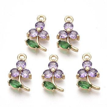 Transparent Glass Pendants, with Golden Tone Brass Findings, Faceted, Flower, Violet, 17x10x3.5mm, Hole: 1.6mm