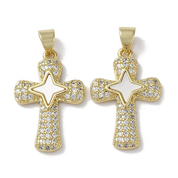 Brass Micro Pave Cubic Zirconia Pendants, with Shell, Cross, Real 18K Gold Plated, 23.5x15x2.5mm, Hole: 3.5x5mm