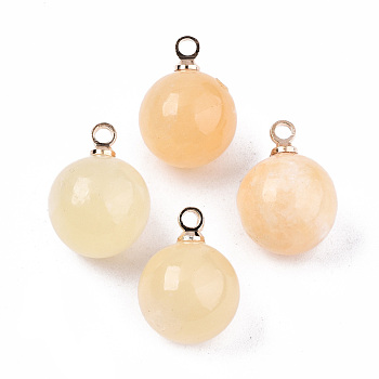 Natural Topaz Jade Charms, with Golden Plated Brass Loops,, Round, 14x10.5mm, Hole: 1.5mm
