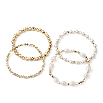 4Pcs 4 Style Natural Pearl & Brass Beaded Stretch Bracelets Set for Women, Golden, Inner Diameter: 2-3/8 inch(6.05cm), 1Pc/style