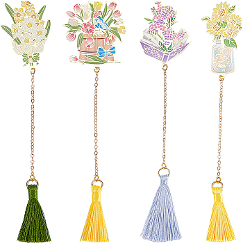 4Pcs 4 Styles Brass Bookmarks, Flower Bookmark with Tassel Pendant, Mixed Color, 145~152mm, 1pc/style