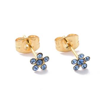 Rhinestone Flower Stud Earrings with 316L Surgical Stainless Steel Pins, Gold Plated 304 Stainless Steel Jewelry for Women, Light Sapphire, 5x5mm, Pin: 0.7mm