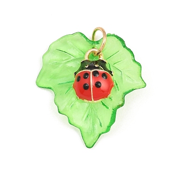 Transparent Resin with Alloy & Enamel Pendants, with Iron Rings, Leaf with Ladybug Charms, Green, Golden, 13x9.5x5mm & 25x23.5x1.5mm, Hole: 4.5mm
