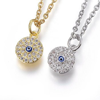 304 Stainless Steel Pendant Necklaces, with Cubic Zirconia and Enamel, Flat Round, Clear, Mixed Color, 17.71 inch(45cm)