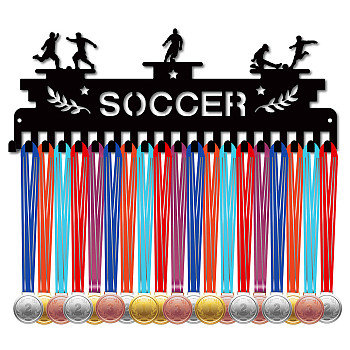 Iron Medal Holder Frame, 20 Hooks Medals Display Hanger Rack, with Screws, Black, Football, 150x400mm, Hole: 5mm