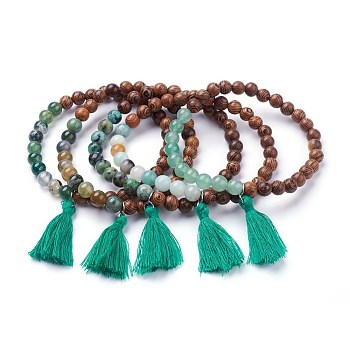 Natural African Turquoise(Jasper) Stretch Charm Bracelets, with Indian Agate and Tassels, 2-3/8 inch(59mm), 5Strand/set