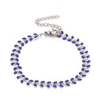 Enamel Wheat Link Chains Bracelet, 304 Stainless Steel Jewelry for Women, Stainless Steel Color, Medium Blue, 6-7/8 inch(17.5cm)