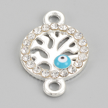 Alloy Rhinestone Links connectors, Cadmium Free & Lead Free, Flat Round with Evil Eye, Sky Blue, Silver Color Plated, 21x14x2mm, Hole: 2mm