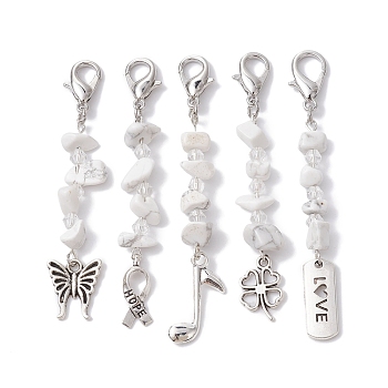 Synthetic White Howlite Pendants Decorations, with Lobster Claw Clasps, Butterfly & Autism Symbol & Music & Clover, Antique Silver & Platinum, 72~79.5mm