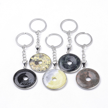 Synthetic & Natural Mixed Stone Keychain, with Iron Findings, Donut/Disc, Platinum, 104~107mm