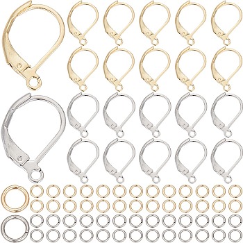 80Pcs 2 Color 304 Stainless Steel Leverback Earring Findings, with Loop and 100Pcs Open Jump Rings, Real 24K Gold Plated & Stainless Steel Color, 15x10x2mm, Hole: 1.4~1.5mm, Pin: 1x0.8mm, 40Pcs/color