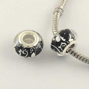Large Hole Flower Pattern Resin European Beads, with Silver Color Plated Brass Double Cores, Rondelle, Black, 14x9mm, Hole: 5mm