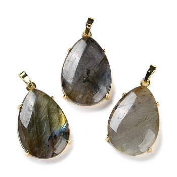 Natural Labradorite Pendants, Brass Teardrop Charms, Golden, Cadmium Free & Lead Free, 28.5x18x5~6mm, Hole: 5x4mm