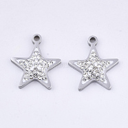 201 Stainless Steel Pendants, with Polymer Clay Crystal Rhinestone, Star Shape, Stainless Steel Color, 17x15x3mm, Hole: 1.6mm(STAS-N091-12P)