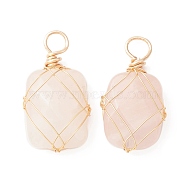 Natural Rose Quartz Copper Wire Wrapped Pendants, Faceted Rectangle Charms, Golden, 25~26x14~18.5x7~7.5mm, Hole: 4mm(PALLOY-JF02131-03)