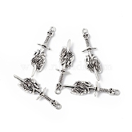 Tibetan Style Alloy Pendants, Skull Sword with Heart Charm, Antique Silver, 49x18.5x7mm, Hole: 2.2mm(PALLOY-B011-02AS)