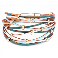 PU Leather Multi-strand Bracelets, with Alloy Magnetic Clasp and Alloy Beads, Teal, 7-1/2 inches(19cm), 35mm(BJEW-F352-03G-05)