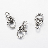 Tibetan Style Alloy Lobster Claw Clasps, Heart, Cadmium Free & Nickel Free & Lead Free, Antique Silver, 17x9x5mm, Hole: 2mm(TIBE-T002-03AS-NR)