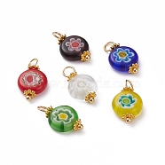 Handmade Millefiori Glass Pendants, with Golden Plated Brass Ball Head pins and Alloy Spacer Beads, Flat Round, Mixed Color, 18x10x4mm, Hole: 3.8mm(X-PALLOY-JF00576)