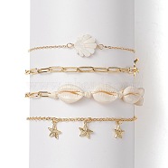 4Pcs 4 Style Natural Shell Beaded Anklets Set, Brass Starfish Charms Anklets with Paperclip Chains for Women, Golden, 9-1/8 inch(23~23.2cm), 1Pc/style(AJEW-AN00526)