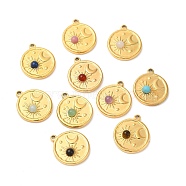 Ion Plating(IP) 316 Stainless Steel Flat Round Pendants, Natural & Synthetic Mixed Gemstone Sun & Moon Charms, Real 24K Gold Plated, 21.5x18x4.5mm, Hole: 1.6mm(STAS-K258-33G)