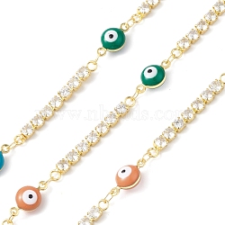 Brass Enamel Evil Eye Link Chains with Cubic Zirconia, Unwelded, with Spool, Golden, Mixed Color, Evil Eye: 12.5x6.5x5mm, Cubic Zirconia Link: 30x3x2.5mm(CHS-P016-36G-01)