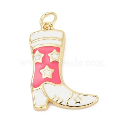 Brass Enamel Pendants, with Jump Ring, Cadmium Free & Lead Free, Long-Lasting Plated, Rack Plating, Boots with Star Pattern Charms, Real 18K Gold Plated, Hot Pink, 23.5x16.5x2.5mm, Hole: 3mm(KK-G522-50G-02B)