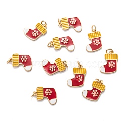 Real 18K Gold Plated Brass Enamel Pendants, with Jump Ring, for Christmas, Christmas Stockings with Snowflake, Red, 16x13x1.5mm, Hole: 3.4mm(KK-A154-14G)