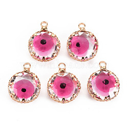 Transparent Glass Pendants, with Brass Prong Settings, Faceted, Flat Round with Evil Eye, Light Gold, Hot Pink, 17x13x6mm, Hole: 1.8mm(GLAA-S193-004E)