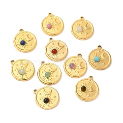 Ion Plating(IP) 316 Stainless Steel Flat Round Pendants, Natural & Synthetic Mixed Gemstone Sun & Moon Charms, Real 24K Gold Plated, 21.5x18x4.5mm, Hole: 1.6mm(STAS-K258-33G)