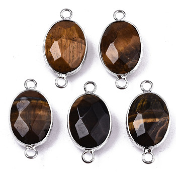 Natural Tiger Eye Links/Connectors, Platinum Tone Brass Edge, Faceted Oval, 27.5x14~15x6mm, Hole: 2mm