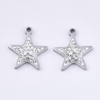 201 Stainless Steel Pendants, with Polymer Clay Crystal Rhinestone, Star Shape, Stainless Steel Color, 17x15x3mm, Hole: 1.6mm