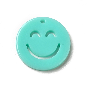 Opaque Acrylic Pendants, Flat Round with Smiling Face, Turquoise, 19.5x2mm, Hole: 1.4mm
