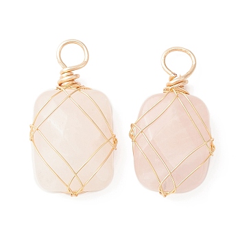 Natural Rose Quartz Copper Wire Wrapped Pendants, Faceted Rectangle Charms, Golden, 25~26x14~18.5x7~7.5mm, Hole: 4mm