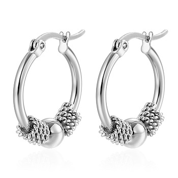 304 Stainless Steel Round Bead Hoop Earrings, Stainless Steel Color, 23x20mm