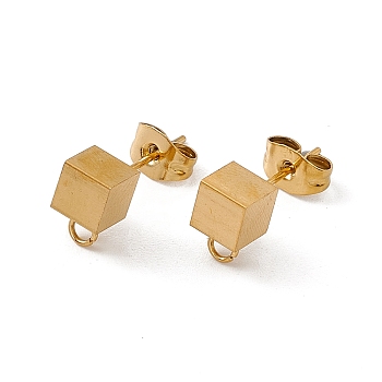 304 Stainless Steel Stud Earring Findings, with Ear Nuts and Horizontal Loops, Cube, Golden, 8x5mm, Hole: 2mm, Pin: 0.5mm