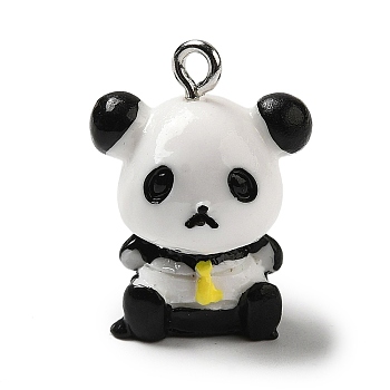 Opaque Resin Animal Pendants, Panda Charms with Platinum Plated Iron Loops, Black, 21x16x12mm, Hole: 1.8mm