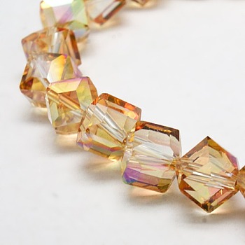 Full Rainbow Plated Crystal Glass Cube Beads, Faceted, Dark Orange, 12.6x13.8x10~11mm, Hole: 1.8mm